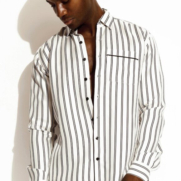 NWT // Charlie by MZ Silk Resort Shirt // Black and White Stripe // M - Picture 1 of 5